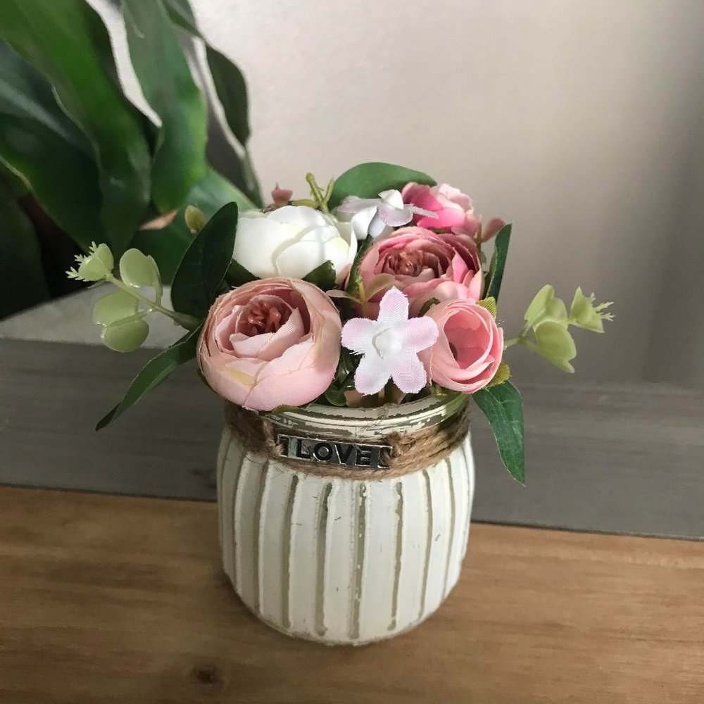 Handmade Sweet Pink/White Floral Arrangement in Distressed Jar with "LOVE" Charm